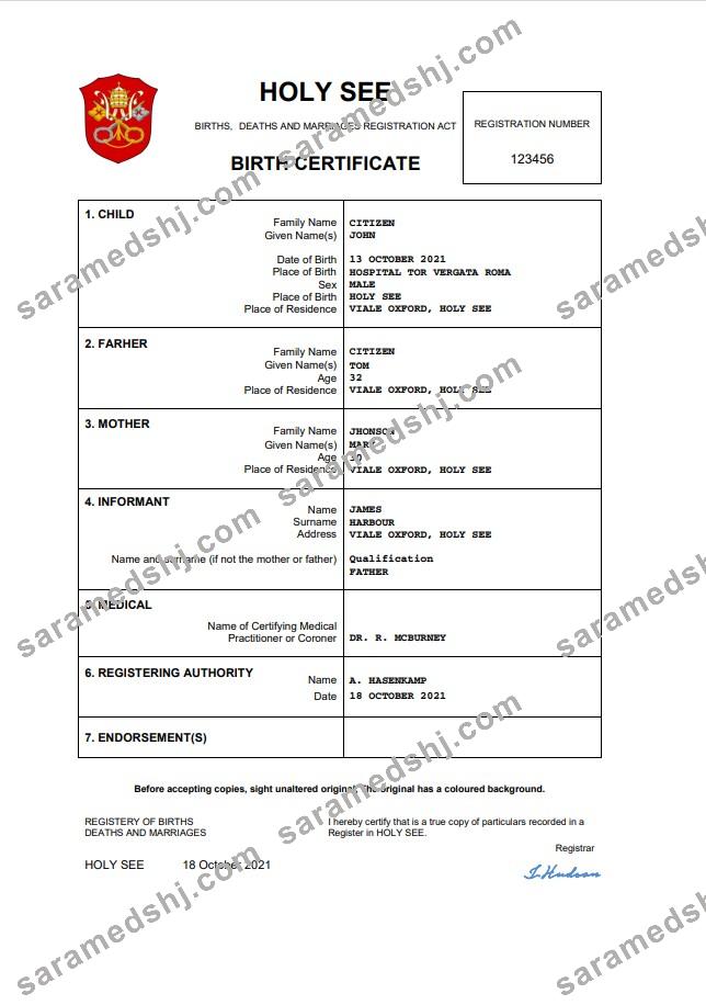 Holy See vital record birth certificate Word and PDF template